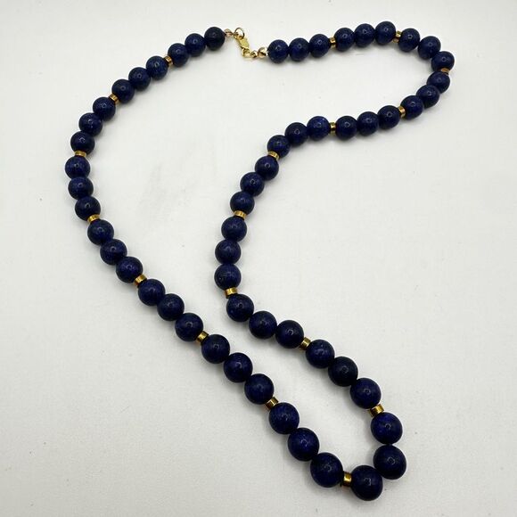 20" Revived 8mm beaded lapis lazuli necklace with gold tone accents, 925 clasp! - Picture 8 of 12